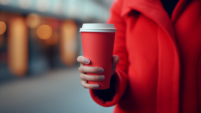 Red paper cup with coffee in woman hand. Time for drink coffee in city. Coffee to go. Enjoy moment, take a break. Disposable paper cup closeup. Delicious hot beverage. Mockup. Generated AI