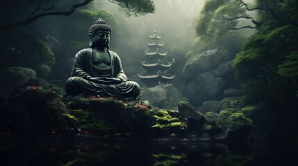 Green Buddha sits on the rock pile among forest trees. Mystical forest landscape with traditional japanese pagoda. Zen landscape. Japanese temple in the forest.  - obrazy, fototapety, plakaty