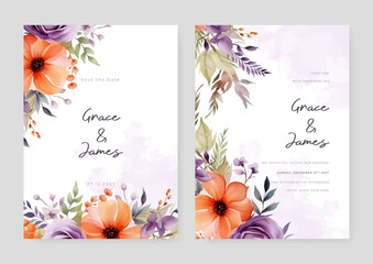 Orange and purple violet poppy and rose artistic wedding invitation card template set with flower decorations