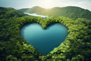 A view of a sea bay with blue water in the shape of a heart symbol, surrounded by tropical forests