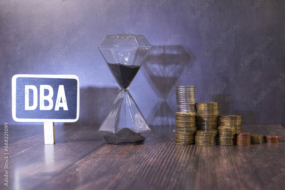 Poster dba - acronym from wooden blocks with letters, database administrator or doing business as abbreviat