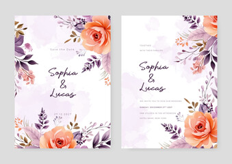 Orange rose beautiful wedding invitation card template set with flowers and floral