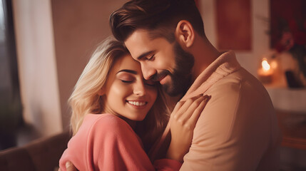Close up portrait of a European young couple hugging, smiling and loving each other. An man and a woman on a date celebrate Valentine's Day. The concept of romantic relationships.