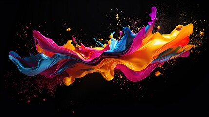 Mix color liquid splashes, swirl and waves with scatter drops. paint, oil or ink splashing dynamic motion, design elements for advertising isolated on black background.  - obrazy, fototapety, plakaty
