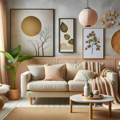 An illustration of a Japandi living room interior with a cozy beige couch and minimalist decor.