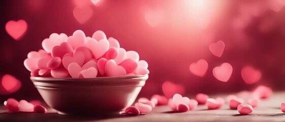 Background in red tones made of heart-shaped candies in soft focus, Valentine's Day.