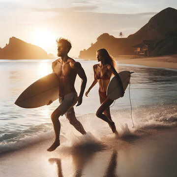 A photo of a couple running into the water with surfboards.
