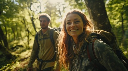 Young couple walking with backpacks deep in the lush forest