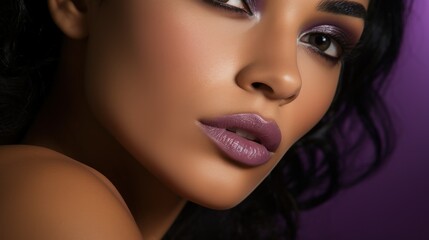 Young woman with intense make-up on purple color theme