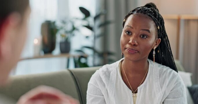 Psychology, mental health and empathy with a black woman therapist talking to a patient in her office. Support, consulting and trauma with a young psychologist listening to a client in grief therapy