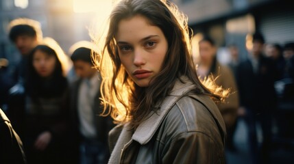 Young beautiful woman posing on the crowded street