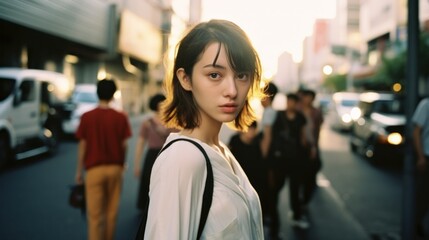 Young beautiful woman posing on the crowded street