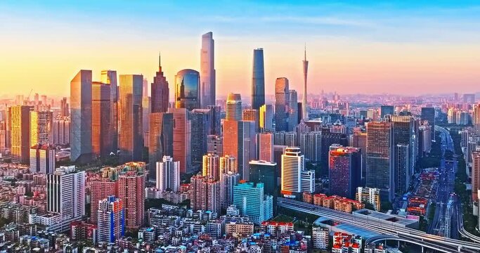 Aerial shot of city buildings skyline at sunset in Guangzhou, Guangdong Province, China