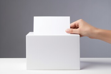 Hand putting a paper in a voting box, concept of elections, politics. Generative AI