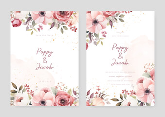 Pink peony and cosmos wedding invitation card template with flower and floral watercolor texture vector