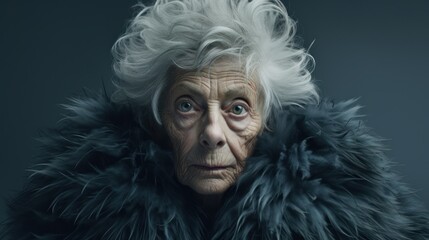 Old woman with white hair in front of black background