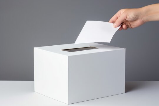 Hand putting a paper in a voting box, concept of elections, politics. Generative AI