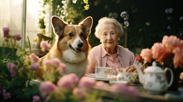 old woman with her dog in the garden of her house