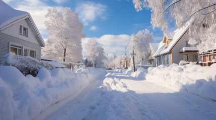 Winter fairy-tale landscape on the street with houses with a triangular roof and roads covered with a lot of snow