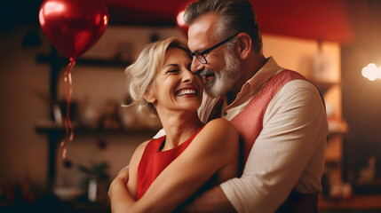 Close up portrait of a European an adult  couple hugging, smiling and loving each other. An man and a woman on a date celebrate Valentine's Day at home. The concept of romantic relationships.