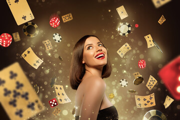 Creative collage poster picture banner charming young lady play casino gambling card chips luck games earn money wealth