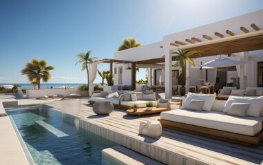 Fototapeta premium A modern superior hotel pool and superior outdoor sofas at a sunny day