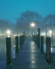 Foggy night scene on the pier in Havre de Grace, Maryland
