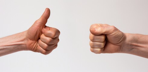 Hands of a man giving a thumbs up sign, white background. Generative AI