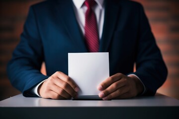 Man putting paper in a voting box, concept of elections, politics. Generative AI