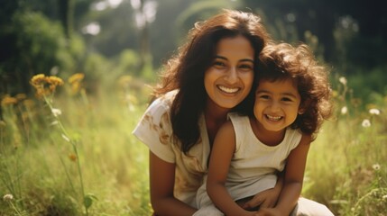 Naklejka premium Mother and daughter having happy moments in the countryside