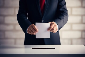 Man putting paper in a voting box, concept of elections, politics. Generative AI