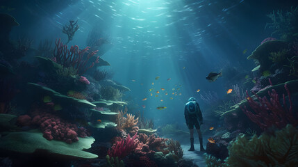 Fototapeta na wymiar Underwater Odyssey: Diver Explores the Serene Depths of a Coral Reef Ecosystem AI-Generativ