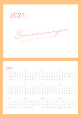 Minimalistic calendar grid for 2024 in German in 2024 orange color