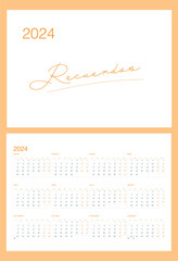 Minimalistic calendar grid for 2024 in Spanish in 2024 orange color