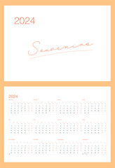 Minimalistic calendar grid for 2024 in French in 2024 orange color