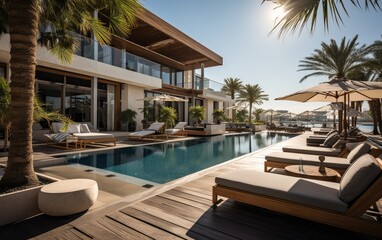 A modern superior hotel pool and superior outdoor sofas at a sunny day - obrazy, fototapety, plakaty