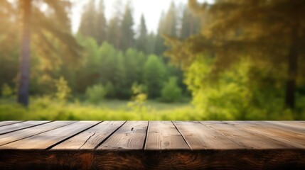 Empty wooden table in the foreground. Blurred forest background