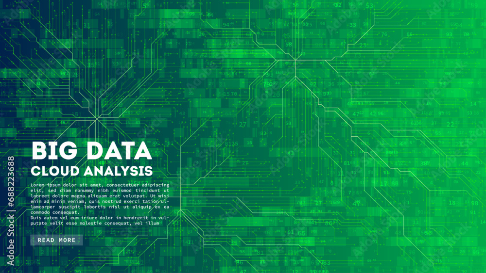 Poster Big Data cloud computing. Blockchain visualiztion. Social network information complexity.