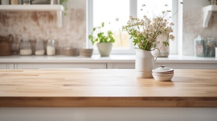 Fototapeta premium Empty wooden table in the foreground. Scandinavian kitchen blurred background