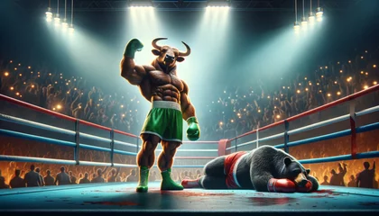 Fotobehang Bull boxer knocked out the bear in the stock market ring, a metaphor for stock market's bull run © visual_ideas