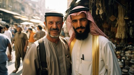 Middle Eastern men in a traditional local market - obrazy, fototapety, plakaty