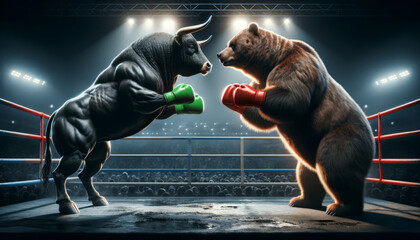 Bear vs Bull boxing on Wall Street ring, a punchy metaphor for stock market volatility and sentiment - obrazy, fototapety, plakaty