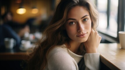 Young beautiful caucasian woman sitting in cafe