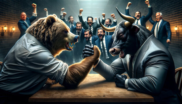 Bear vs. bull arm wrestling, epic Wall Street showdown, high-energy, intense close-up, brokers cheering, 16:9, cinematic image, photorealistic