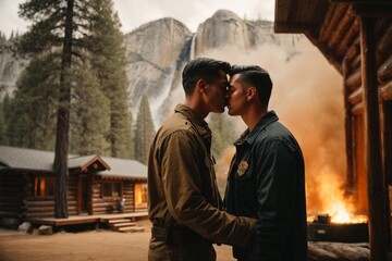 Firefighters on a relation. fraternal love, romantic love. Adventure and Exploring.