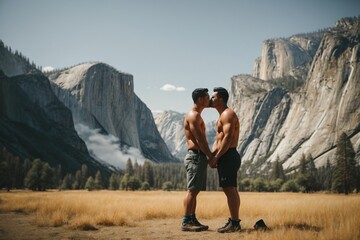 Firefighters on a relation. fraternal love, romantic love. Adventure and Exploring. - obrazy, fototapety, plakaty