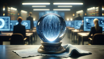Crystal ball on a desk, AI driven visions of sophisticated algorithm. Blurred tech office in the background, intense cyber security operations
 - obrazy, fototapety, plakaty