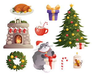 A Christmas set with a fireplace, a Christmas tree, gifts, garlands, a cat character, a mug of cocoa, candles and a festive turkey. Vector cartoon set of New Year decor