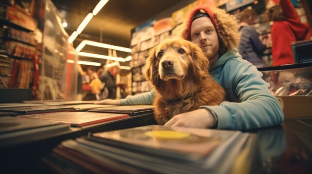 Bookstore man posing with his dog