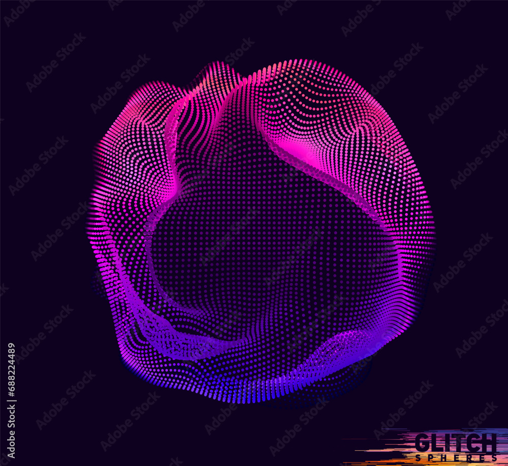 Poster corrupted violet point sphere. abstract vector colorful mesh on dark background. futuristic style ca